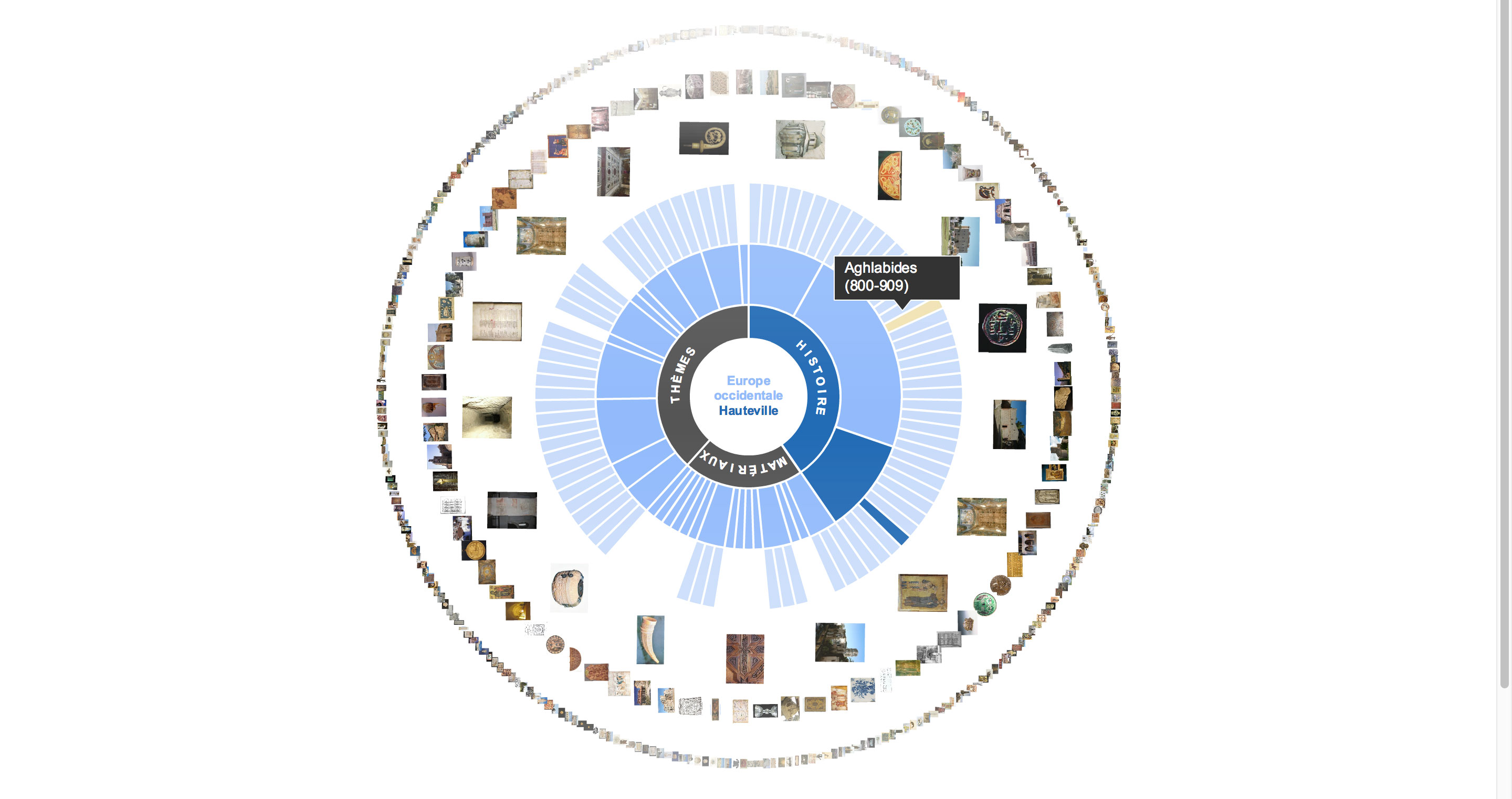 L'image représente une visualisation circulaire des périodes de l'évolution des Amphibiens en Europe, de 180 à 209 millions d'années. Elle est composée de différentes sections bleues qui correspondent à des périodes spécifiques, accompagnées d'illustrations ou d'objets en rapport avec chaque époque. Le centre de la visualisation semble être intitulé "Amphibiens" et souligne les différentes étapes de leur évolution et de leur histoire, agrémentées d'images dispersées tout autour.