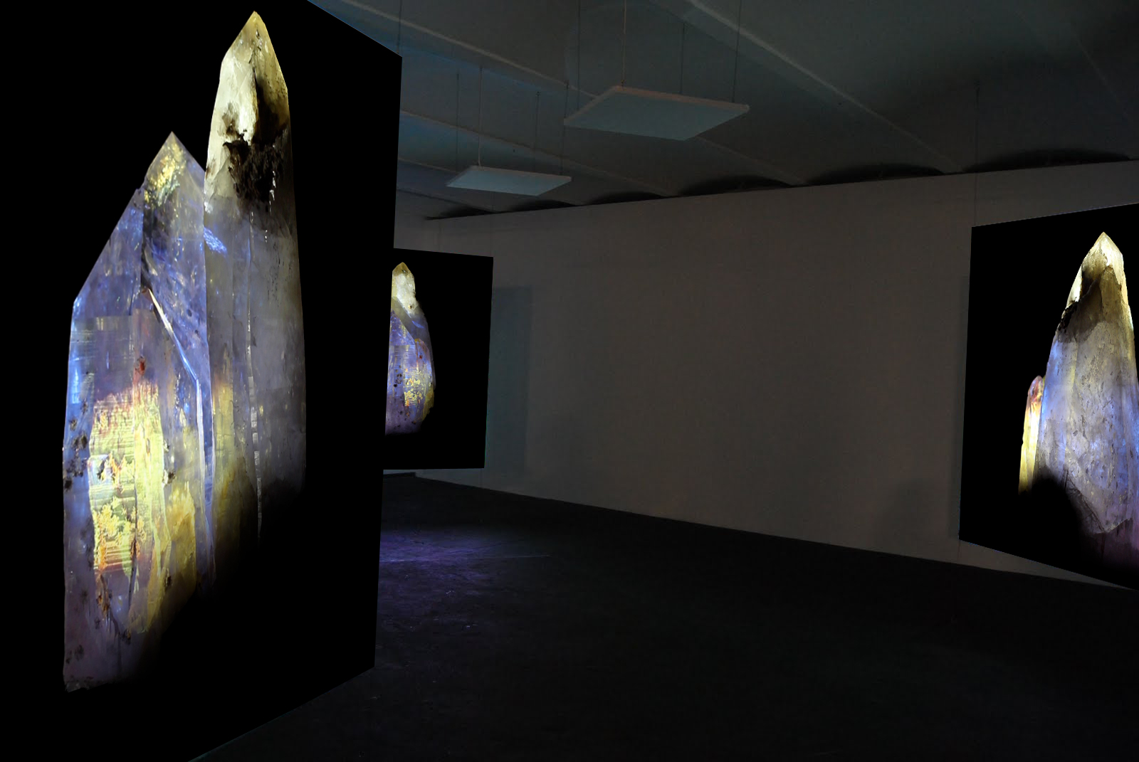 L'image montre une installation artistique dans un espace intérieur, probablement une galerie d'art. Plusieurs grands panneaux noirs sont suspendus au plafond, chacun affichant des images de formes rocheuses ou cristallines. Les couleurs sur ces panneaux varient, incluant des nuances de jaune, bleu et violet, ce qui crée un contraste intéressant avec le fond sombre. L'éclairage semble tamisé, mettant en valeur les détails des images et suggérant une atmosphère contemplative.