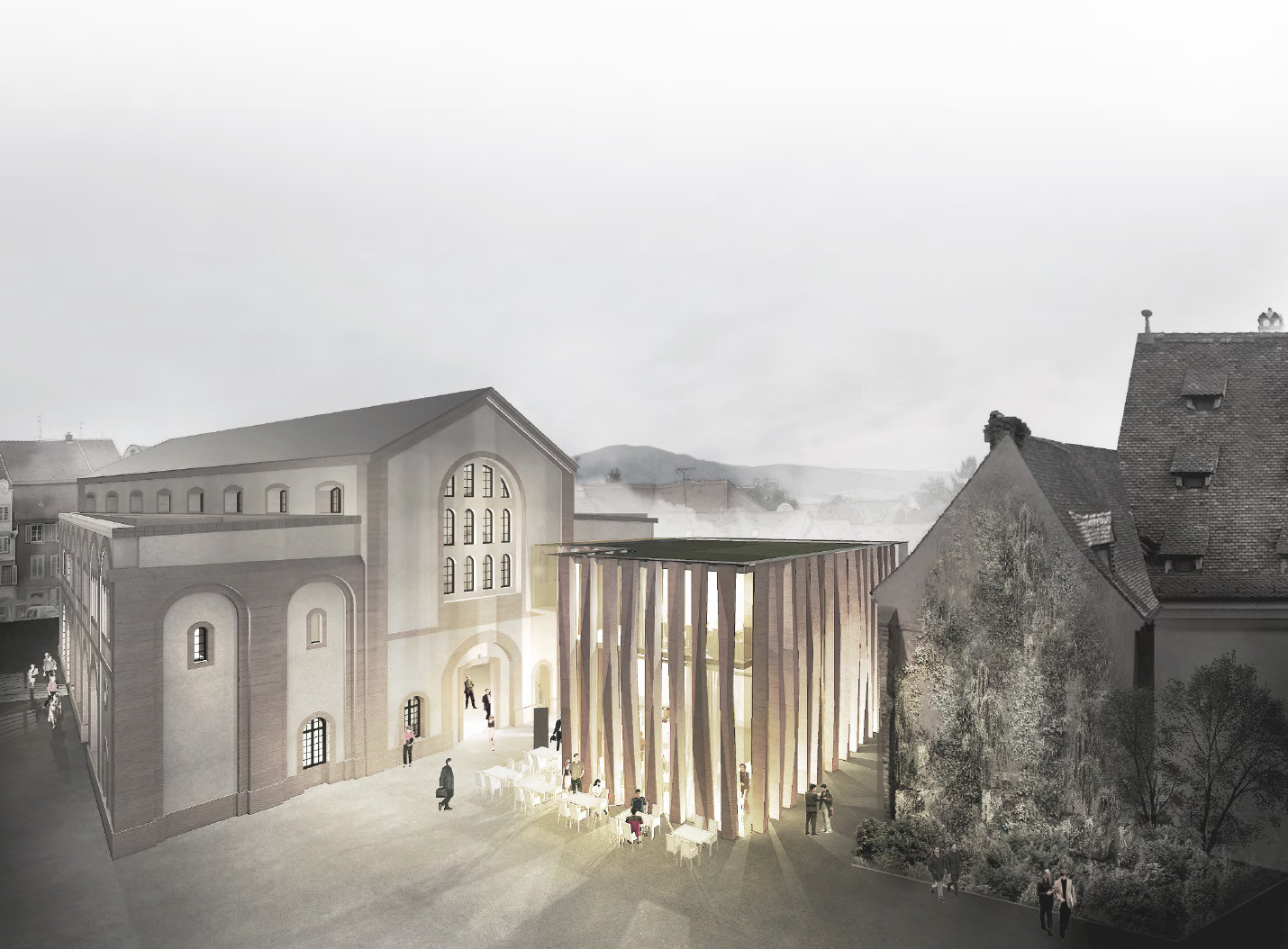 L'image présente une vue architecturale d'un espace qui semble être un nouveau bâtiment contemporain, intégré dans un environnement urbain historique. À gauche, on aperçoit une structure ancienne avec de grandes fenêtres, tandis qu'à droite, un autre bâtiment plus traditionnel est visible. Au centre, un espace ouvert est marqué par des colonnes en bois, suggérant une zone d'accueil ou de réunion. L'ensemble dégage une atmosphère calme et moderne, avec une palette de couleurs douces et une lumière tamisée, créant un contraste entre l'ancien et le nouveau. Des personnes se déplacent dans l'espace, ajoutant une dimension humaine à la scène.