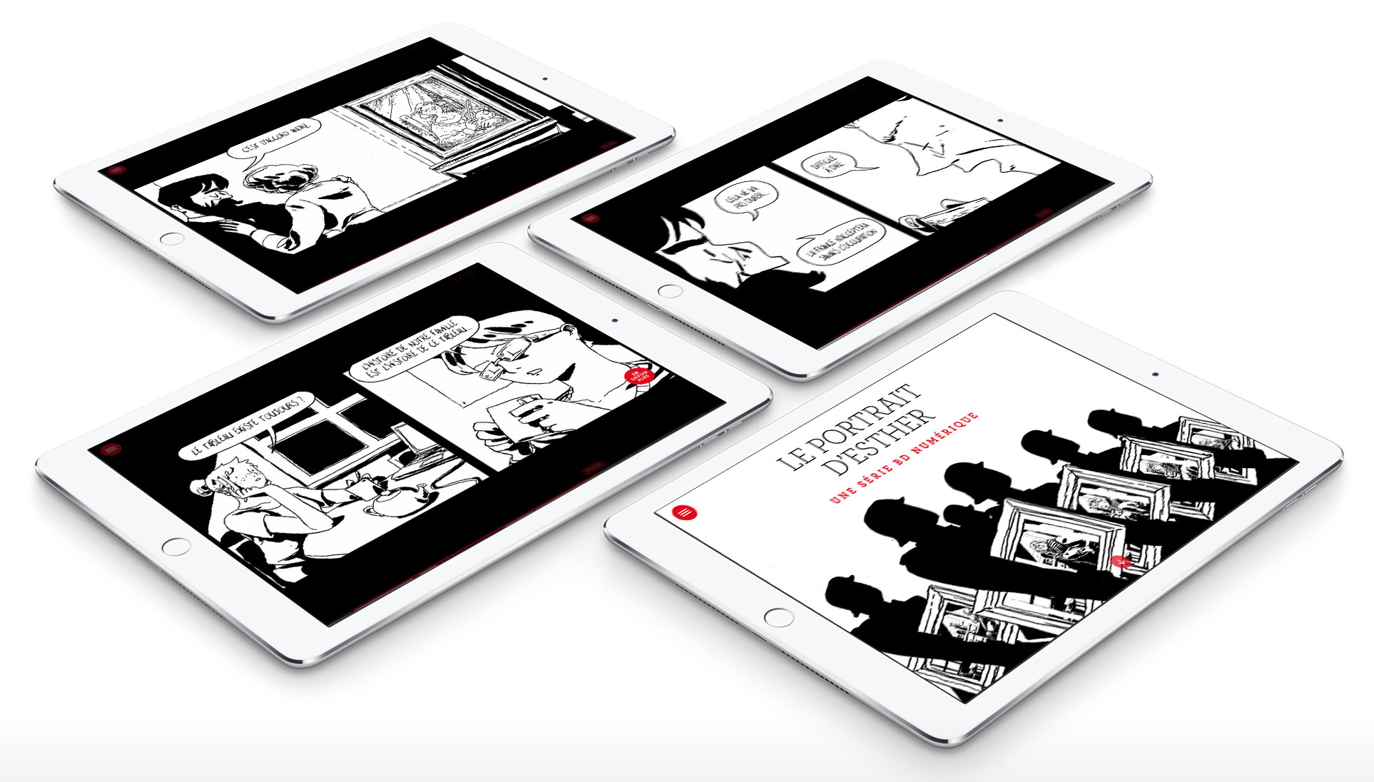 L'image montre quatre tablettes disposées en un carré, chacune affichant des illustrations en noir et blanc. Les dessins semblent provenir d'une bande dessinée, avec des personnages et des dialogues, ce qui suggère une narration visuelle. Le titre "Le Portrait" est visible sur l'une des tablettes, indiquant qu'il s'agit d'une œuvre ou d'un projet spécifique. L'ensemble donne une impression moderne et numérique, soulignant l'utilisation de la technologie pour la lecture de bandes dessinées.