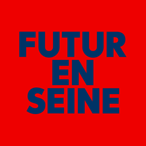 L'image présente un fond rouge avec un texte en lettres majuscules de couleur bleue. Le texte indique "FUTUR EN SEINE". C'est une composition graphique simple et accrocheuse.