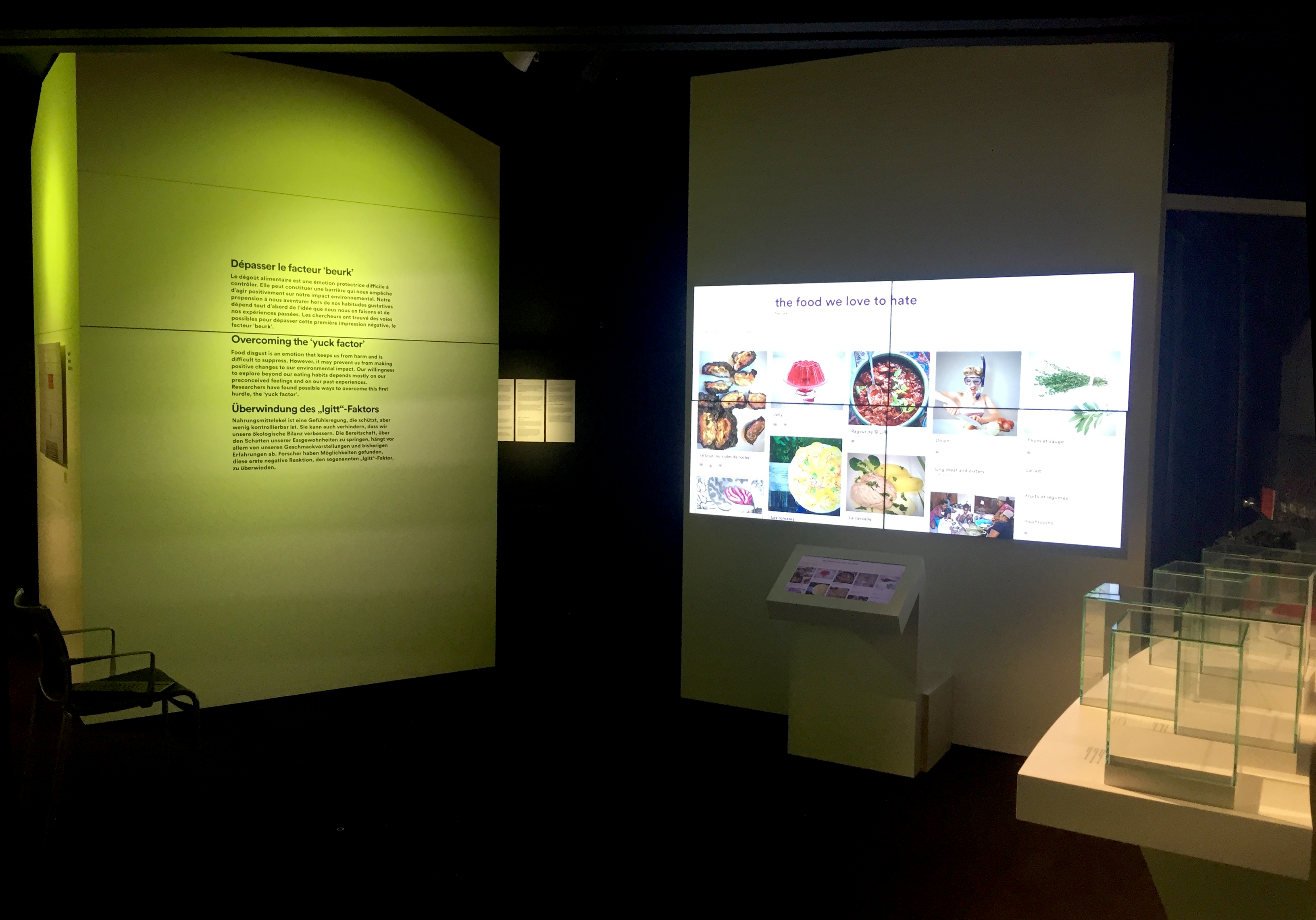 L'image montre une exposition dans un espace muséal ou culturel. À gauche, il y a un mur vert illuminé avec des textes écrits en français et en allemand, expliquant probablement un concept ou une thématique. À droite, un grand écran affiche des images de nourriture, suggérant une discussion sur les aliments que l'on peut aimer ou détester. Au bas de l'écran, un dispositif interactif semble présenter des informations supplémentaires. L'éclairage rend l'espace moderne et immersif.