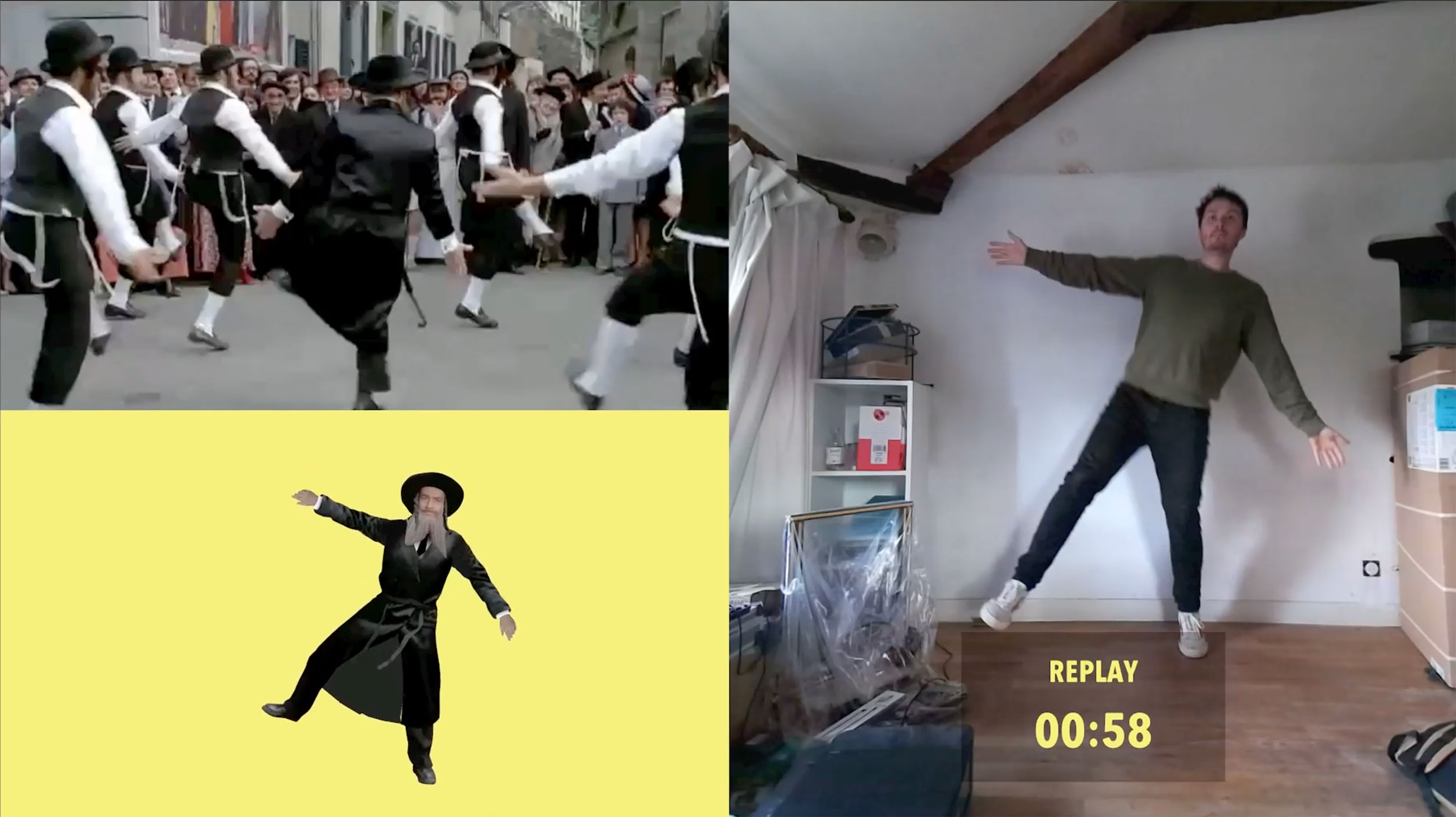 L'image présente un collage en quatre parties. En haut à gauche, on voit un groupe de personnes en costume traditionnel qui dansent ensemble lors d'un événement ou d'une fête. En bas à gauche, une figure animée dans une tenue semblable à celle d'un personnage folklorique danse sur un fond jaune. À droite, une personne en vêtements décontractés effectue un saut dans une pièce, avec des éléments de décor visible autour. En bas de cette section, un chronomètre indique "REPLAY" et un temps de 00:58. L'image illustre un mélange de danse traditionnelle et moderne.