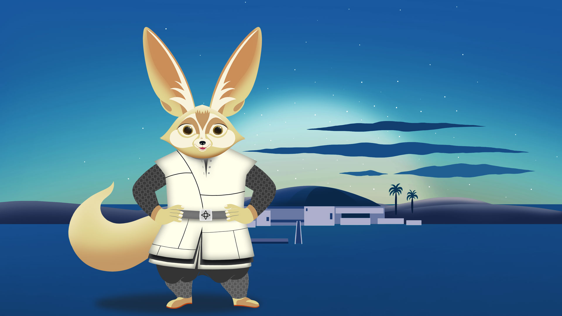 L'image montre un personnage animé avec des grandes oreilles de lapin et une queue fournie, se tenant debout avec une posture confiante. Il porte une tenue blanche et noire, ressemblant à une sorte d'uniforme. En arrière-plan, on peut voir un paysage stylisé avec des collines, un ciel étoilé et des palmiers, évoquant une ambiance tranquille et nocturne.