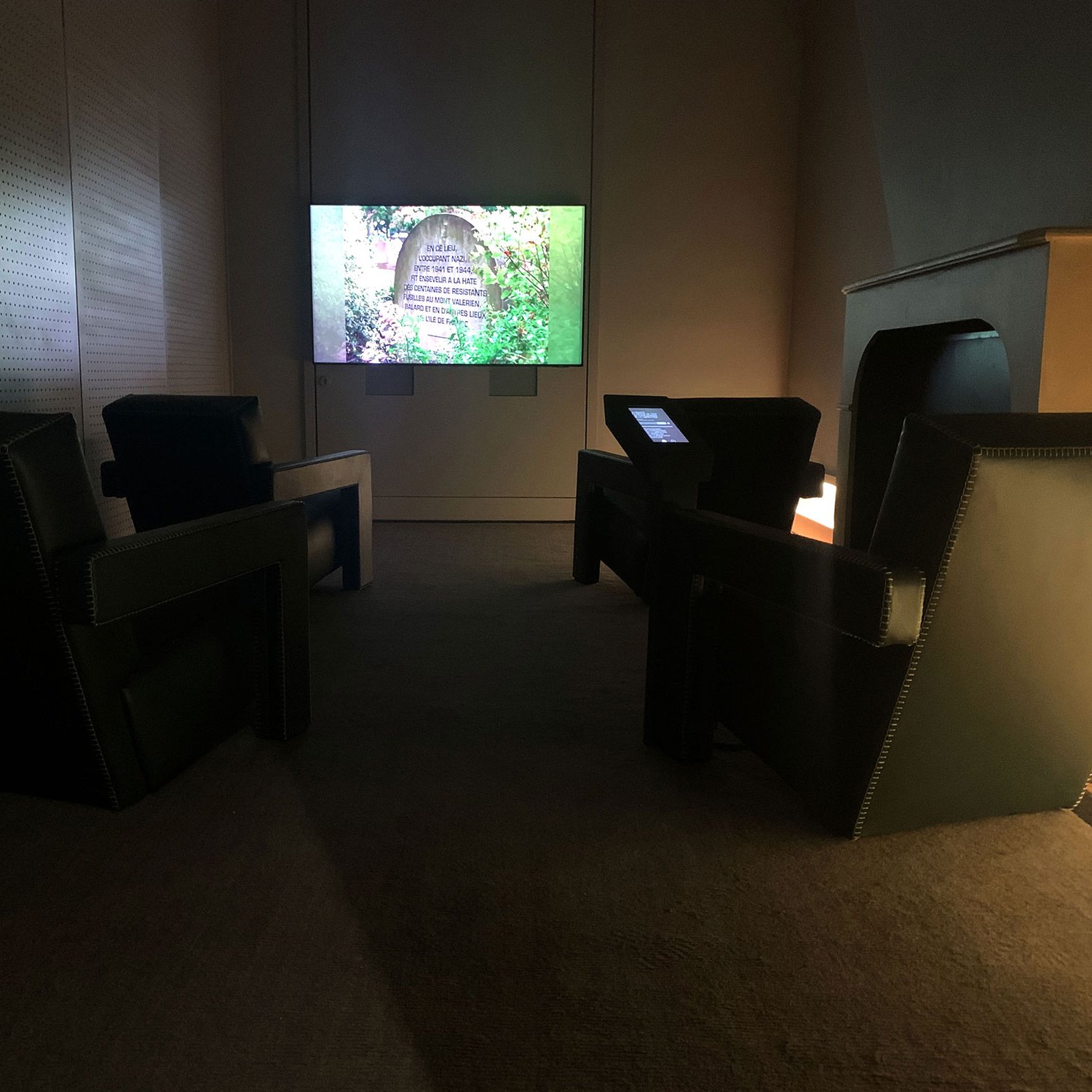 L'image montre une pièce avec un éclairage tamisé. Au centre, il y a quatre fauteuils en cuir noir disposés face à un écran de télévision, où une image de marches entourées de verdure est affichée. La décoration semble moderne et minimaliste, et le sol est couvert d'un tapis sombre. Les murs sont clairs, tandis qu'une cheminée est visible sur le côté, ajoutant une touche chaleureuse à l'espace.