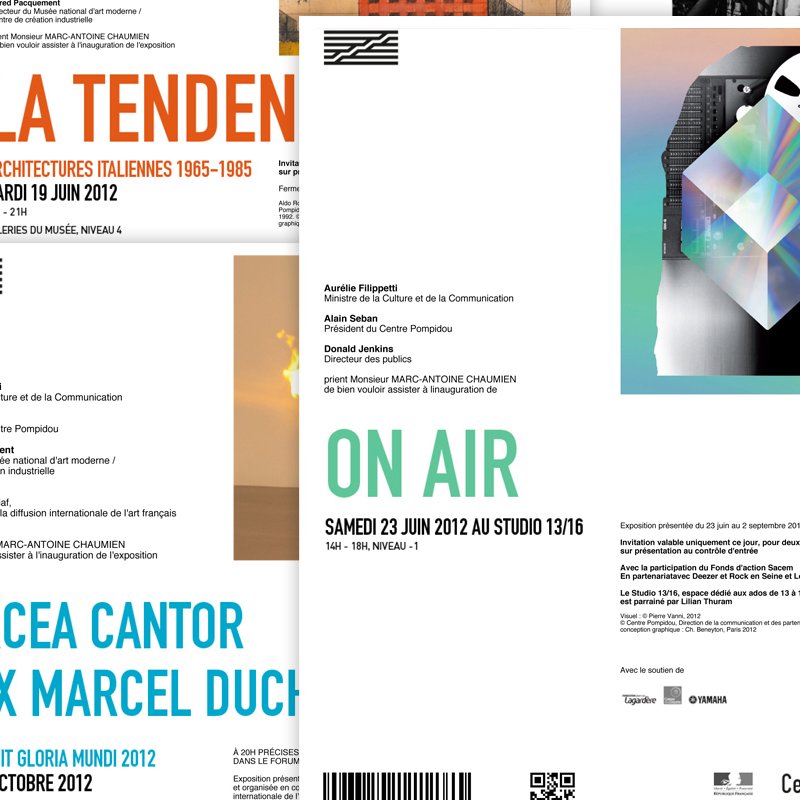 L'image semble représenter plusieurs affiches ou documents promotionnels. Ces éléments portent des titres en français et des informations sur des événements artistiques ou architecturaux, indiquant des dates et des lieux. On peut y voir des graphismes colorés et des illustrations stylisées qui attirent l'attention. Les informations semblent être liées à des expositions ou des présentations culturelles.