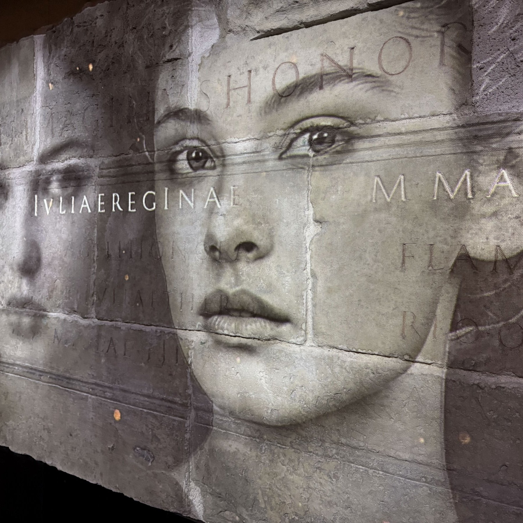 L'image montre une structure rocheuse ou un mur en pierre, sur lequel est projeté un portrait en noir et blanc d'un visage masculin. Ce visage présente un regard intense, avec des détails délicats dans les traits, tels que les lèvres et les yeux. Autour du portrait, il y a également des inscriptions gravées qui semblent anciennes, ajoutant une dimension historique à l'œuvre. L'éclairage met en valeur les textures de la pierre et du visage, créant un effet dramatique.