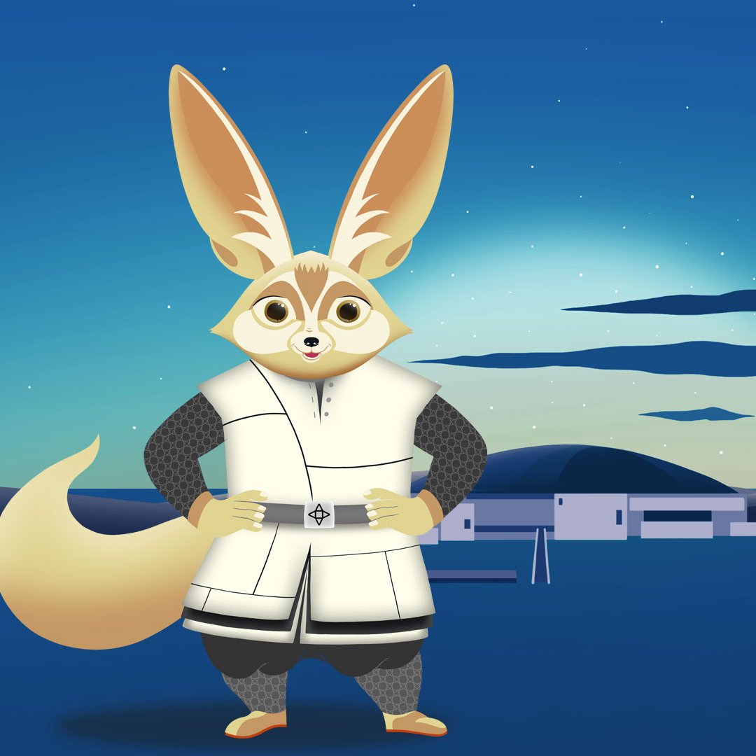 L'image montre un personnage animé avec des grandes oreilles de lapin et une queue fournie, se tenant debout avec une posture confiante. Il porte une tenue blanche et noire, ressemblant à une sorte d'uniforme. En arrière-plan, on peut voir un paysage stylisé avec des collines, un ciel étoilé et des palmiers, évoquant une ambiance tranquille et nocturne.