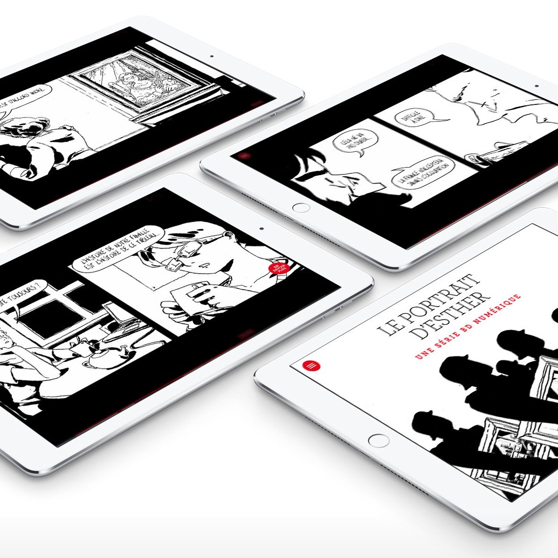 L'image montre quatre tablettes disposées en un carré, chacune affichant des illustrations en noir et blanc. Les dessins semblent provenir d'une bande dessinée, avec des personnages et des dialogues, ce qui suggère une narration visuelle. Le titre "Le Portrait" est visible sur l'une des tablettes, indiquant qu'il s'agit d'une œuvre ou d'un projet spécifique. L'ensemble donne une impression moderne et numérique, soulignant l'utilisation de la technologie pour la lecture de bandes dessinées.