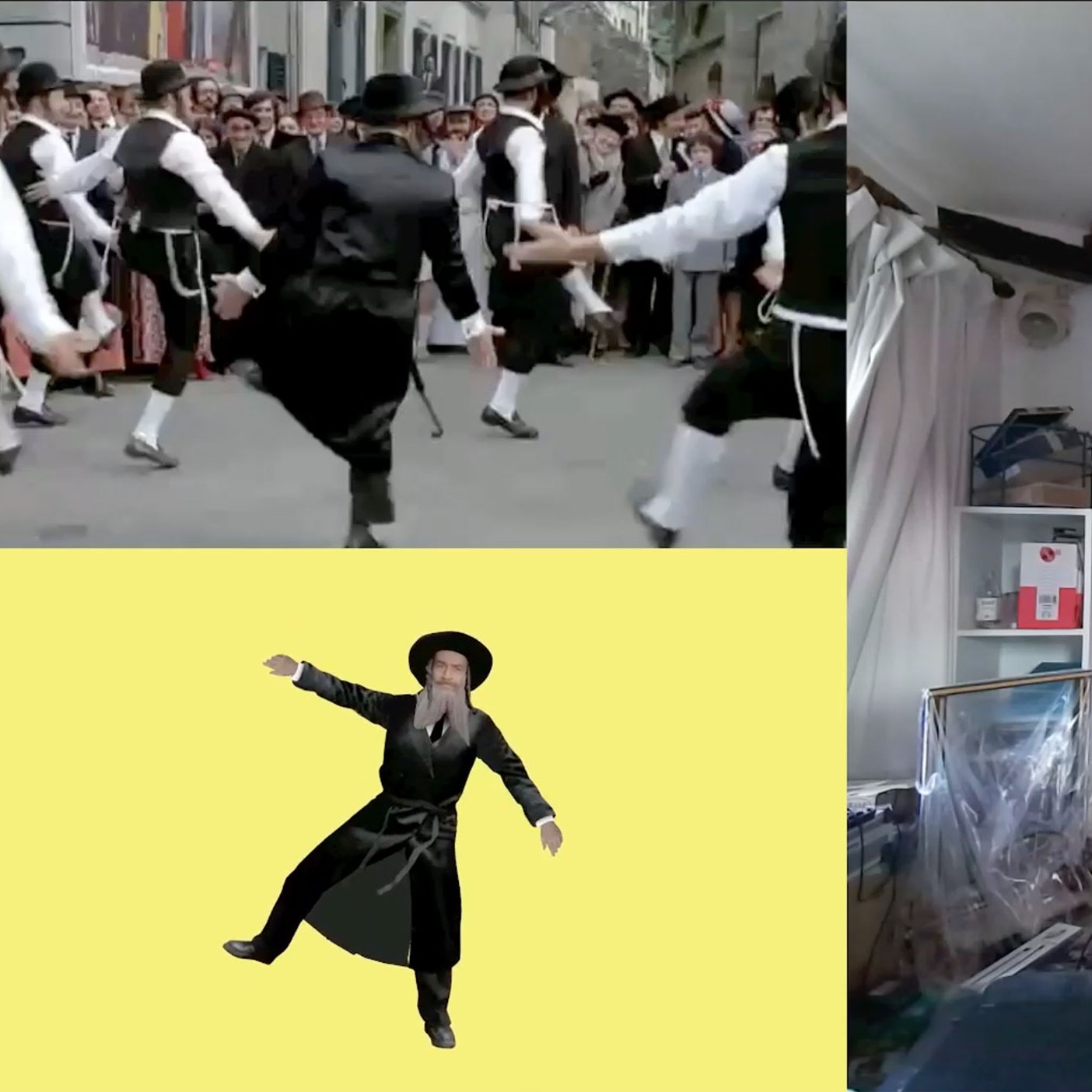 L'image présente un collage en quatre parties. En haut à gauche, on voit un groupe de personnes en costume traditionnel qui dansent ensemble lors d'un événement ou d'une fête. En bas à gauche, une figure animée dans une tenue semblable à celle d'un personnage folklorique danse sur un fond jaune. À droite, une personne en vêtements décontractés effectue un saut dans une pièce, avec des éléments de décor visible autour. En bas de cette section, un chronomètre indique "REPLAY" et un temps de 00:58. L'image illustre un mélange de danse traditionnelle et moderne.