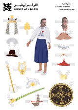 L'image représente une activité interactive liée au Louvre Abu Dhabi. On y voit un personnage en tenue traditionnelle, avec des accessoires à découper et à assembler. Les éléments incluent différents types de vêtements, chapeaux, et objets comme des instruments de musique et des éventails. L'illustration semble destinée à encourager les enfants à s'amuser tout en découvrant l'art et la culture. Le personnage a une expression amusante et engageante.