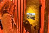 L'image montre une femme debout, tournée vers un écran fixé sur un mur en bois. Elle semble attentive et intéressée, se tenant près de deux haut-parleurs connectés à l'écran. L'ambiance de la scène est chaleureuse, avec une lumière orange diffusée, mettant en valeur les textures naturelles du bois. Le paysage visible sur l'écran est probablement une vue de la nature, ce qui ajoute à l'atmosphère immersive de la pièce.