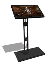 L'image montre un écran monté sur un support vertical. L'écran est plat, avec un design moderne et semble afficher une pièce intérieur richement décorée, probablement une bibliothèque ou un salon, avec des étagères et des meubles. Le support est robuste, avec une base large pour assurer la stabilité de l'ensemble. Les câbles sont visibles, suggérant qu'il est connecté à une source d'alimentation ou à un dispositif de présentation. L'éclairage de l'image indique que l'environnement est bien éclairé.