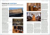 L'image semble représenter une double page d'un magazine ou d'un article, présentant un contenu sur le thème du numérique. On y trouve des textes et des illustrations qui évoquent l'histoire du numérique et son impact sur des institutions comme des bibliothèques et des musées. Le texte mentionne probablement des événements ou des projets liés à la numérisation, citant des lieux tels que la Bibliothèque humaniste et le Musée anthropologique de Monaco. On aperçoit aussi des photographies d'expositions ou d'objets connectés, ainsi que des installations interactives. Le design est moderne, avec une mise en page claire qui combine des images et des informations écrites.
