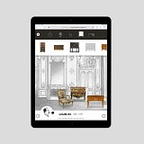 L'image montre un iPad affichant une interface dédiée au mobilier de style Louis XV. En arrière-plan, on aperçoit une illustration d'une pièce décorée de manière élégante, ornée de détails architecturaux raffinés. En haut de l'écran, divers meubles sont présentés sous forme d'icônes. En bas, on trouve une représentation de Louis XV avec les dates de son règne, allant de 1730 à 1757. L'ensemble évoque une immersion dans le design et l'esthétique du XVIIIe siècle français.