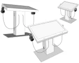 L'image représente un dispositif interactif sous forme de table numérique. Il est constitué d'un grand écran tactile inclinable, monté sur une base verticale. Des écouteurs sont attachés à chaque côté, suggérant une fonctionnalité multimédia. Le design est moderne, avec des lignes épurées et une finition élégante. Trois angles de vue différents montrent les détails de la structure et de l'écran.