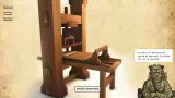 L'image représente une ancienne presse à imprimer, construite en bois. Elle est détaillée, avec des éléments visibles comme la platine et le système de levage. À droite, il y a une illustration d'une personne, qui semble impatiente de voir le résultat de l'impression. Le fond de l'image donne une impression d'antiquité, avec une texture légèrement jaunie. En bas, il y a un bouton indiquant "PASSER L'ANIMATION".