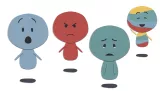 L'image représente quatre personnages stylisés en papier, chacun avec une couleur et une expression faciale distinctes. Le personnage de gauche, en bleu, semble surpris avec une expression ouverte. À côté, un personnage rouge montre de la colère avec un visage fâché. Le troisième personnage, en vert, a une expression triste. Enfin, le quatrième personnage, qui porte des couleurs variées, affiche un sourire joyeux. Tous les personnages sont sur un fond simple avec une petite ombre en bas.