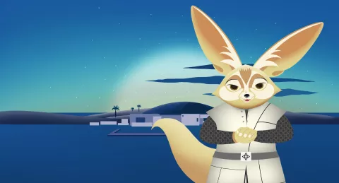 L'image représente un personnage animé ressemblant à un fennec. Il a de grandes oreilles et un pelage beige. Le personnage porte une sorte d'uniforme blanc avec des détails sombres et se tient les bras croisés. En arrière-plan, on peut voir un paysage nocturne avec un ciel bleu, des palmiers et un bâtiment en bord de mer, sous une lumière douce qui suggère la lune.