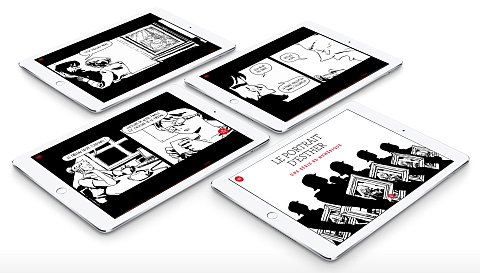 L'image montre quatre tablettes disposées en angle, affichant des illustrations en noir et blanc. Les dessins semblent faire partie d'une bande dessinée, avec des personnages et des dialogues visibles. À côté de certains personnages, on peut voir des légendes ou des mots qui ajoutent au récit. Au bas à droite, le titre « Le Portrait de Dorian Gray » est mentionné, ce qui indique que le contenu est lié à cette œuvre littéraire. Les tablettes sont modernes et bien éclairées, mettant en valeur les illustrations de manière efficace.