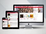L'image montre une interface de site web affichée sur trois dispositifs différents : un smartphone, une tablette et un ordinateur de bureau. Le site semble être dédié à l'art contemporain, avec une mise en page colorée et attrayante. On peut voir des visuels d'œuvres d'art, des sections pour des événements et des informations sur des artistes, le tout organisé de manière claire et accessible. Le design utilise principalement des couleurs rouges et blanches, ajoutant une touche moderne et dynamique à l'ensemble.